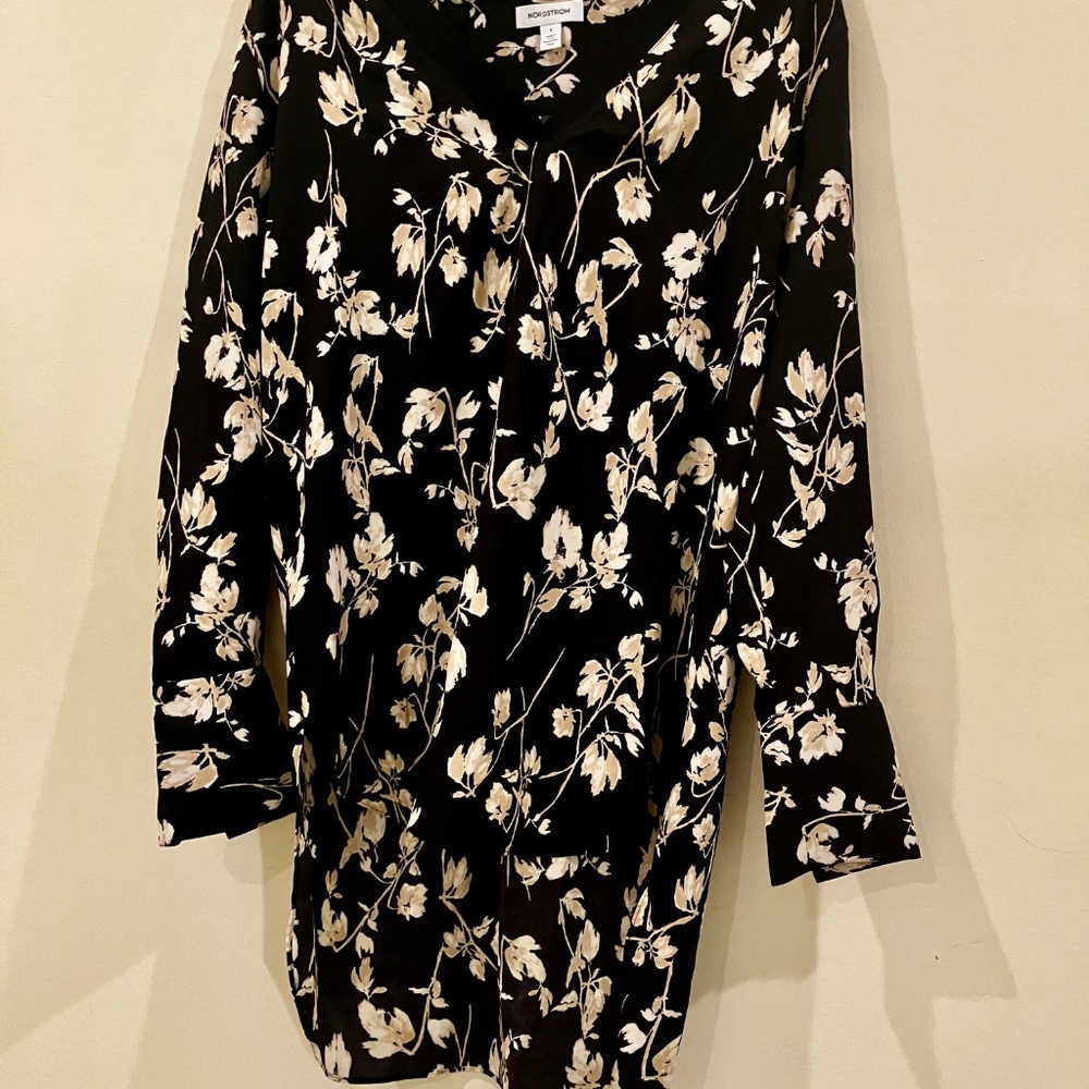 Nordstrom Women’ Small Black and White Botanical Long Sleeve Crepe Shift Tunic